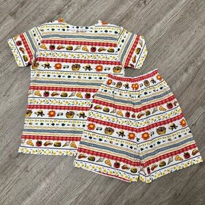 Bechamel Vintage Cotton Picnic Food Print Tee & Shorts Matching Set 90’s Novelty